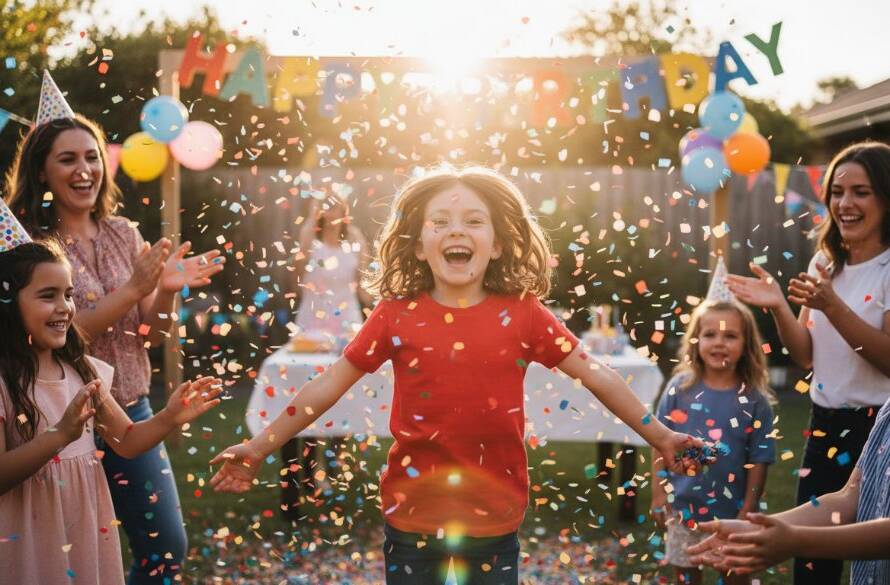 A wide-angle, vibrant kids party photography Bulleen shot showing a child joyfully blowing out birthday candles, surrounded by blurred, smiling faces under warm, festive lighting, capturing an epic, candid moment of pure happiness.