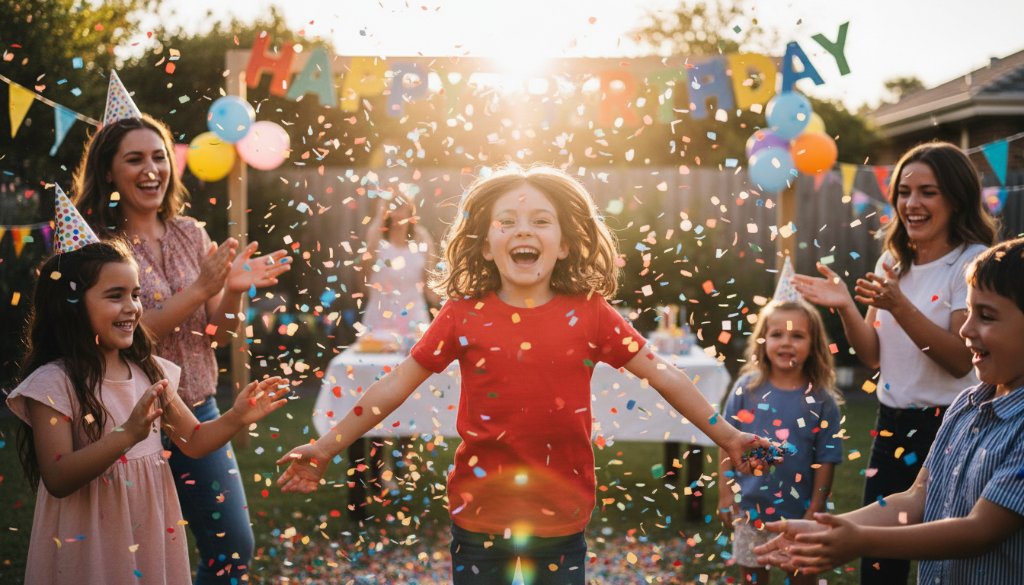 A wide-angle, vibrant kids party photography Bulleen shot showing a child joyfully blowing out birthday candles, surrounded by blurred, smiling faces under warm, festive lighting, capturing an epic, candid moment of pure happiness.