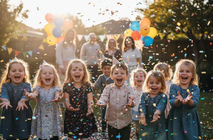 An epic moment of pure joy captured by a vibrant kids party photography Camberwell VIC expert, showing a group of children laughing with confetti in the air at a beautifully decorated party venue in Camberwell, with soft, dramatic natural light illuminating their excited faces.