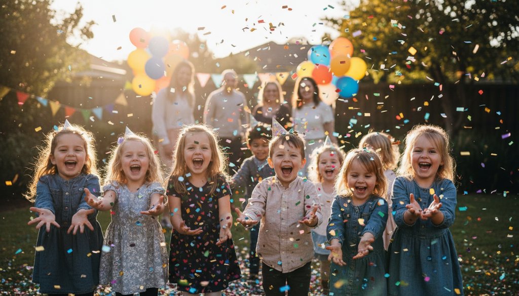 An epic moment of pure joy captured by a vibrant kids party photography Camberwell VIC expert, showing a group of children laughing with confetti in the air at a beautifully decorated party venue in Camberwell, with soft, dramatic natural light illuminating their excited faces.