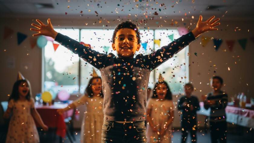 An energetic, vibrant kids party photography Croydon North shot of a child laughing mid-air during a playful jump, confetti frozen around them in dramatic light at a Croydon North community hall.