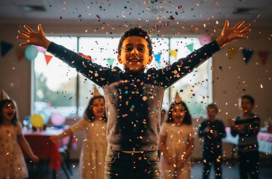 An energetic, vibrant kids party photography Croydon North shot of a child laughing mid-air during a playful jump, confetti frozen around them in dramatic light at a Croydon North community hall.