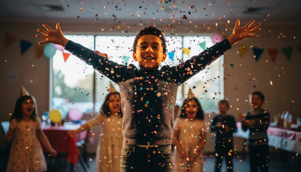 An energetic, vibrant kids party photography Croydon North shot of a child laughing mid-air during a playful jump, confetti frozen around them in dramatic light at a Croydon North community hall.