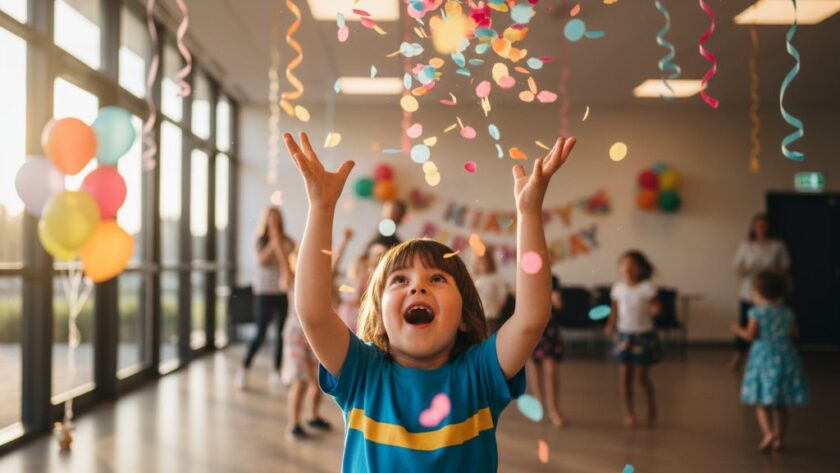 A child joyfully blowing out birthday candles, surrounded by blurred, laughing faces and colourful party decorations, captured by vibrant kids party photography Geelong West, showcasing an epic, emotionally resonant moment.