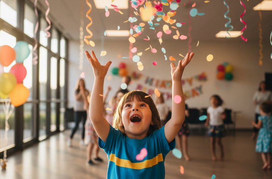 A child joyfully blowing out birthday candles, surrounded by blurred, laughing faces and colourful party decorations, captured by vibrant kids party photography Geelong West, showcasing an epic, emotionally resonant moment.