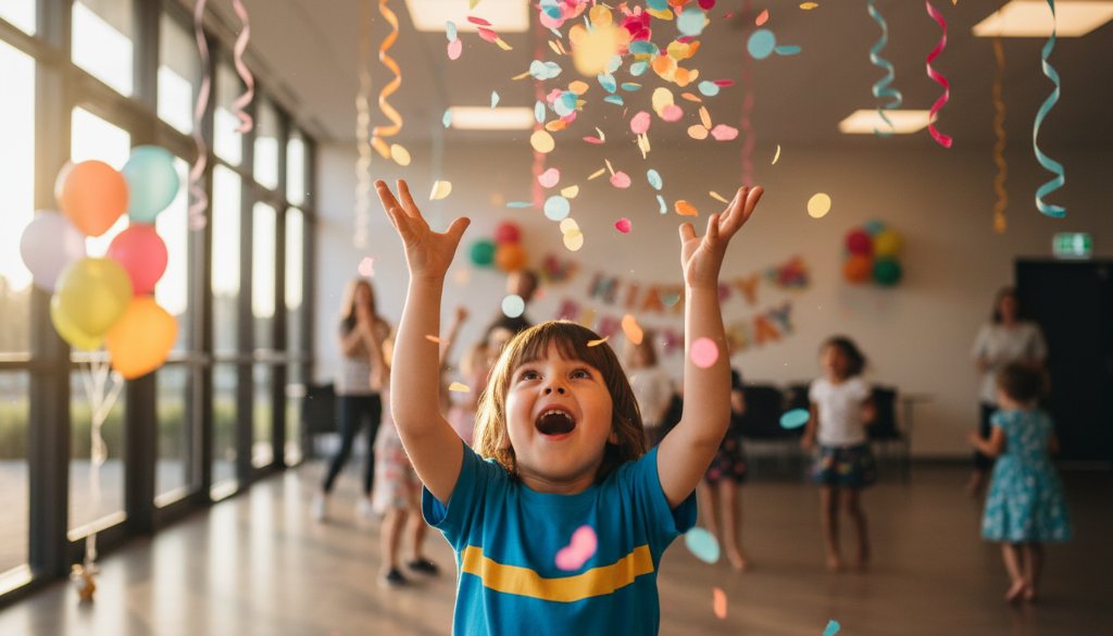 A child joyfully blowing out birthday candles, surrounded by blurred, laughing faces and colourful party decorations, captured by vibrant kids party photography Geelong West, showcasing an epic, emotionally resonant moment.