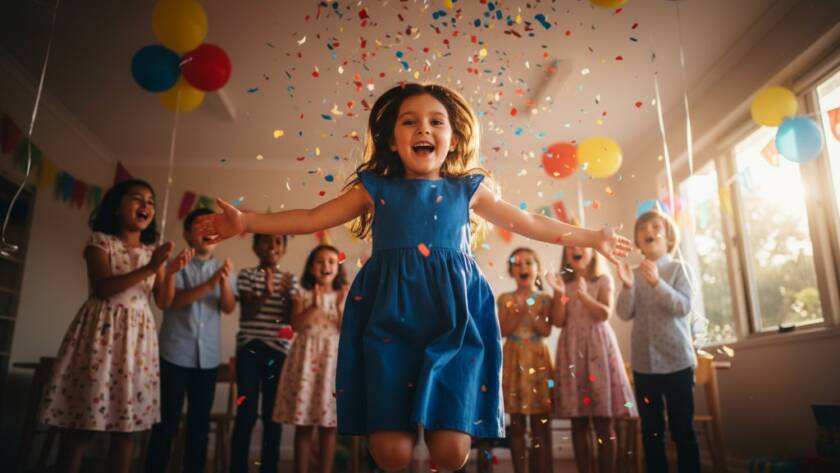 An 'epic moment' photograph capturing a group of excited children in Hallam, Victoria, laughing joyfully during a vibrant kids party. The professional kids party photography highlights a child blowing out birthday candles, surrounded by colourful balloons and soft, dramatic lighting.