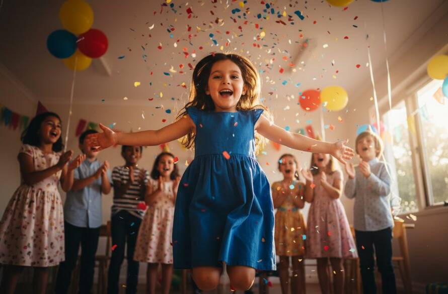 An 'epic moment' photograph capturing a group of excited children in Hallam, Victoria, laughing joyfully during a vibrant kids party. The professional kids party photography highlights a child blowing out birthday candles, surrounded by colourful balloons and soft, dramatic lighting.