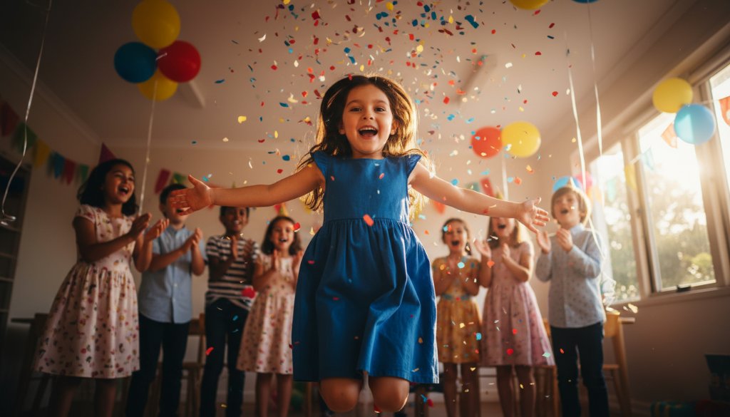 An 'epic moment' photograph capturing a group of excited children in Hallam, Victoria, laughing joyfully during a vibrant kids party. The professional kids party photography highlights a child blowing out birthday candles, surrounded by colourful balloons and soft, dramatic lighting.