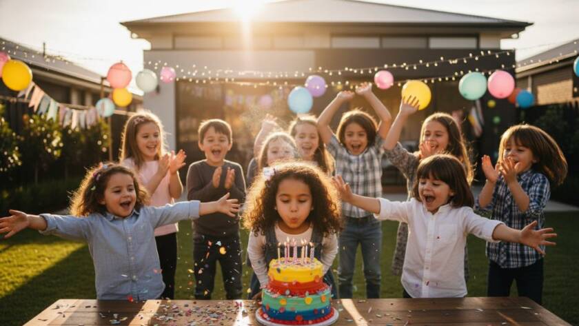 A wide-angle, vibrant kids party photography Point Cook shot capturing a group of overjoyed children mid-air, cheering and covered in safe, biodegradable confetti during a climactic birthday celebration in a beautifully decorated Point Cook backyard, bathed in golden hour sunlight.