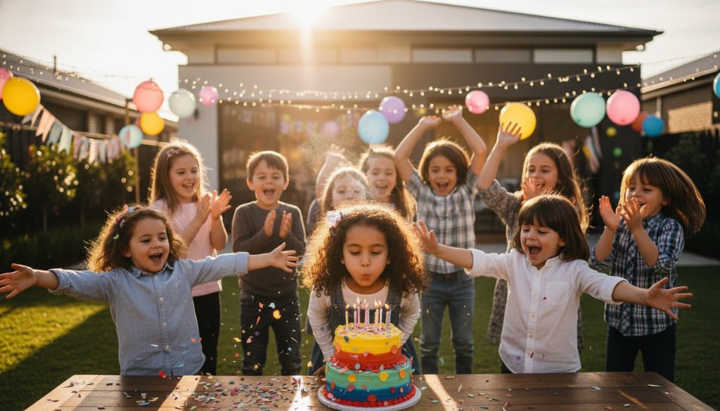 A wide-angle, vibrant kids party photography Point Cook shot capturing a group of overjoyed children mid-air, cheering and covered in safe, biodegradable confetti during a climactic birthday celebration in a beautifully decorated Point Cook backyard, bathed in golden hour sunlight.