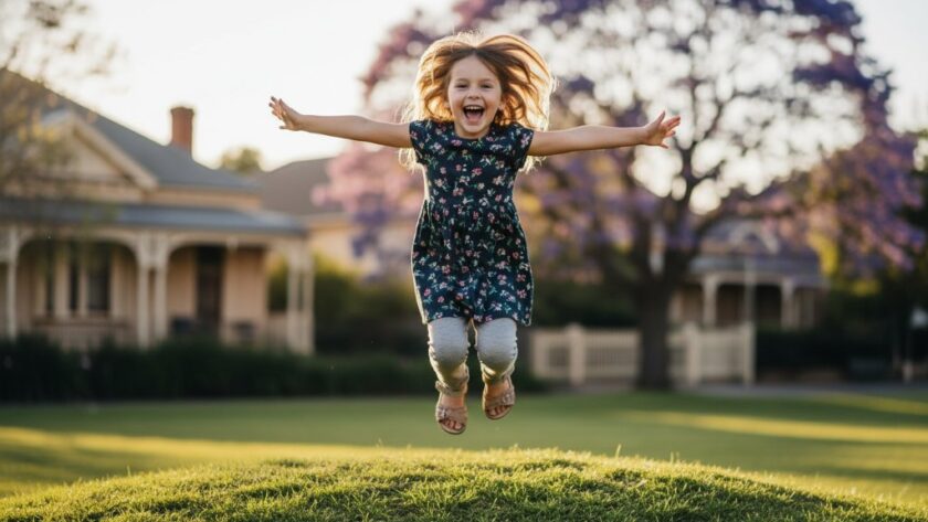 An epic moment captured during a vibrant kids photography Newtown Geelong experience: a child mid-laugh, joyfully running through golden afternoon light in a lush park in Newtown, with historic Victorian homes blurred in the background, showcasing pure childhood exuberance.