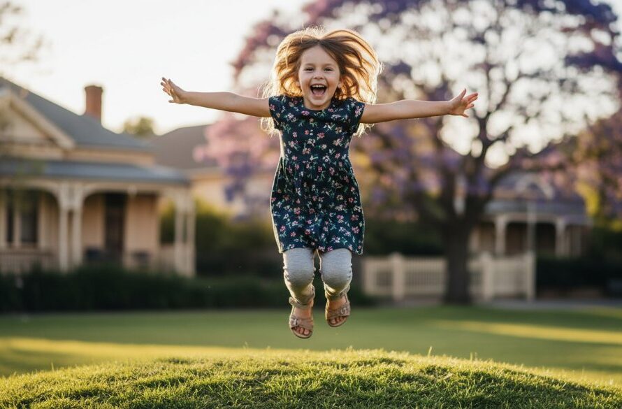 An epic moment captured during a vibrant kids photography Newtown Geelong experience: a child mid-laugh, joyfully running through golden afternoon light in a lush park in Newtown, with historic Victorian homes blurred in the background, showcasing pure childhood exuberance.
