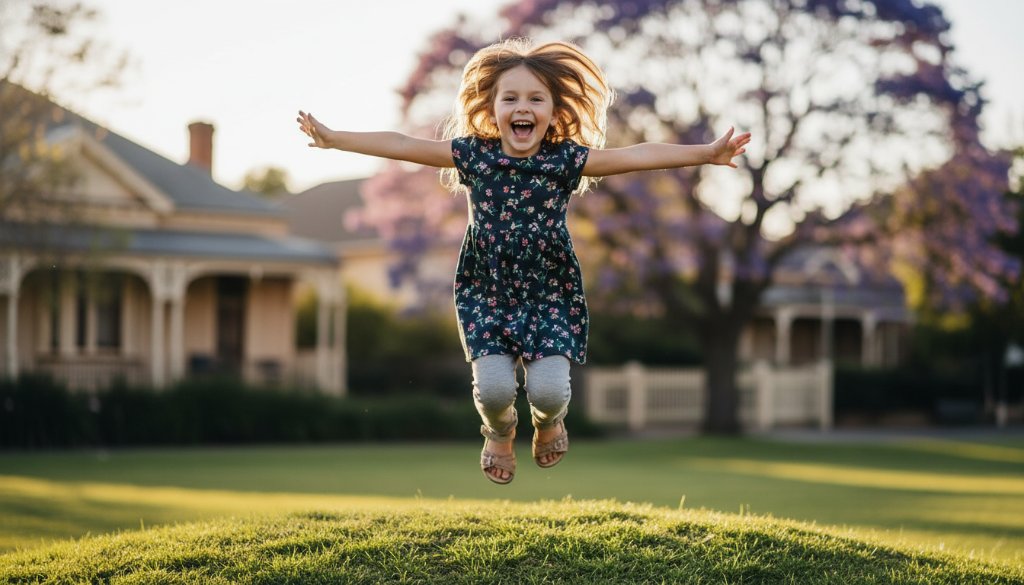 An epic moment captured during a vibrant kids photography Newtown Geelong experience: a child mid-laugh, joyfully running through golden afternoon light in a lush park in Newtown, with historic Victorian homes blurred in the background, showcasing pure childhood exuberance.