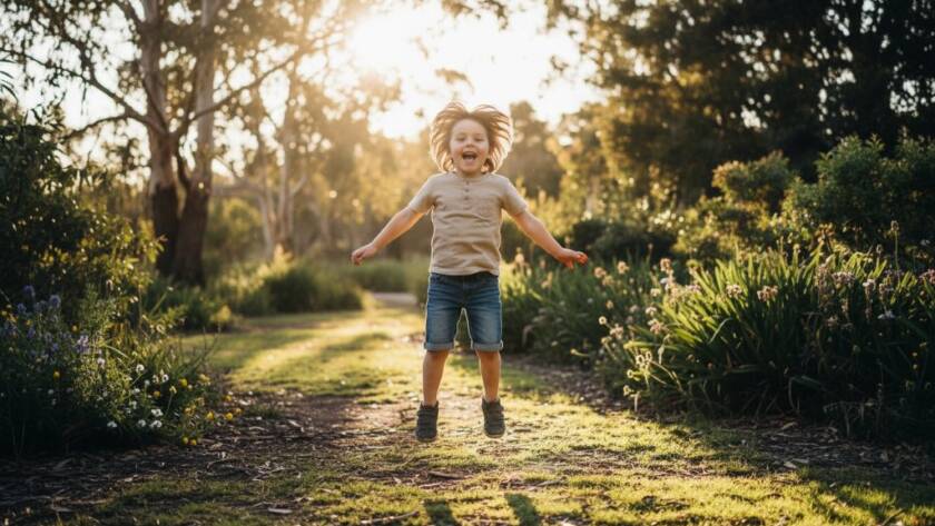 A vibrant kids photography Vermont Victoria portrait capturing a child's pure joy, mid-air jump in a sun-drenched park, surrounded by native Australian flora, golden hour light, professional cinematic quality.