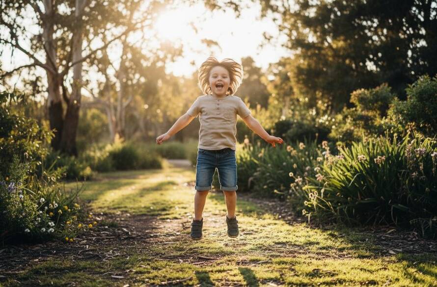 A vibrant kids photography Vermont Victoria portrait capturing a child's pure joy, mid-air jump in a sun-drenched park, surrounded by native Australian flora, golden hour light, professional cinematic quality.