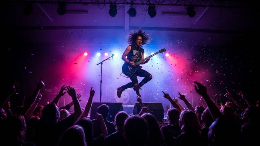 A professional photograph capturing the vibrant live concert photography Narre Warren North Victoria experience, showing a lead singer mid-song under dramatic stage lights, with the crowd's hands raised in excitement.