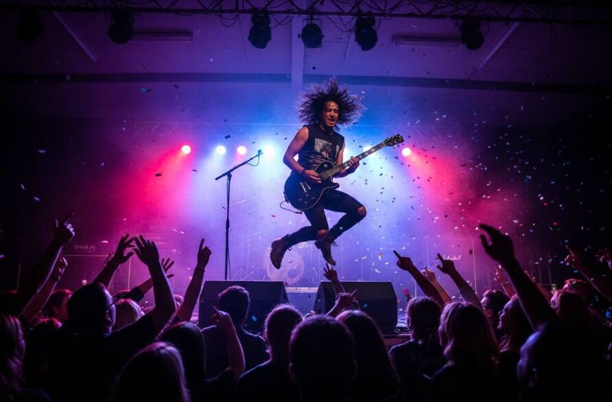 A professional photograph capturing the vibrant live concert photography Narre Warren North Victoria experience, showing a lead singer mid-song under dramatic stage lights, with the crowd's hands raised in excitement.