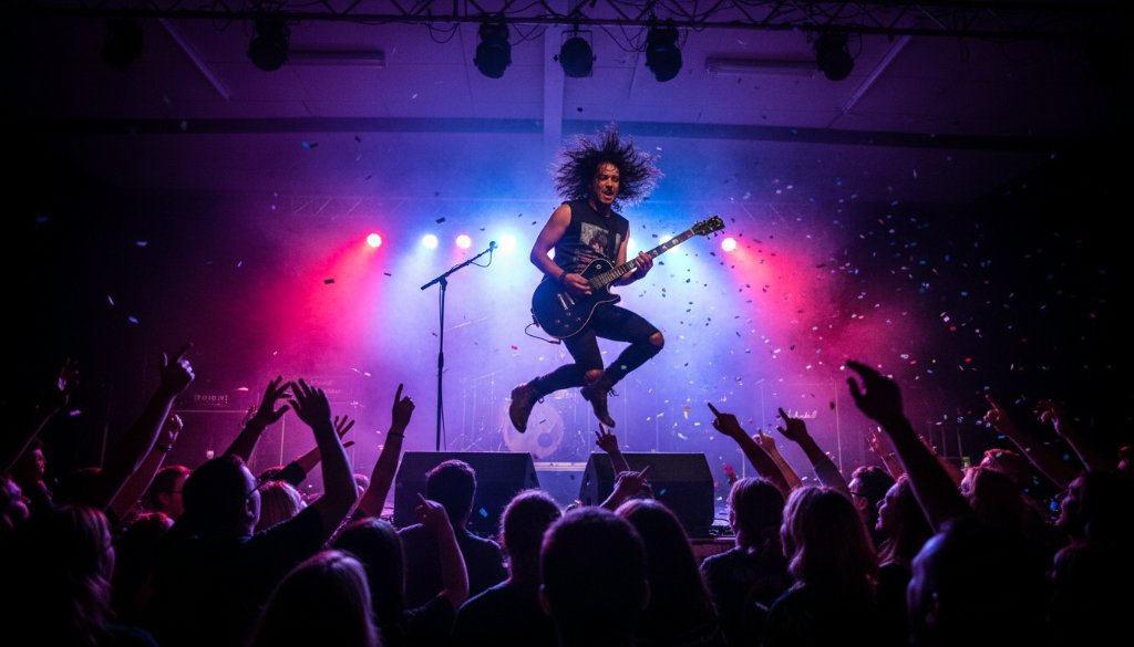 A professional photograph capturing the vibrant live concert photography Narre Warren North Victoria experience, showing a lead singer mid-song under dramatic stage lights, with the crowd's hands raised in excitement.