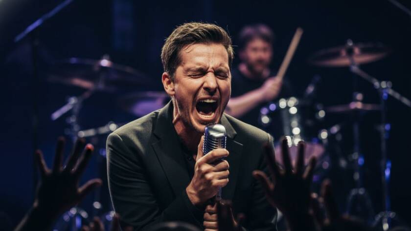 Dynamic shot of a guitarist on stage, silhouetted against vibrant stage lights, capturing the vibrant live music photography Altona Meadows experience with dramatic flair and raw energy.