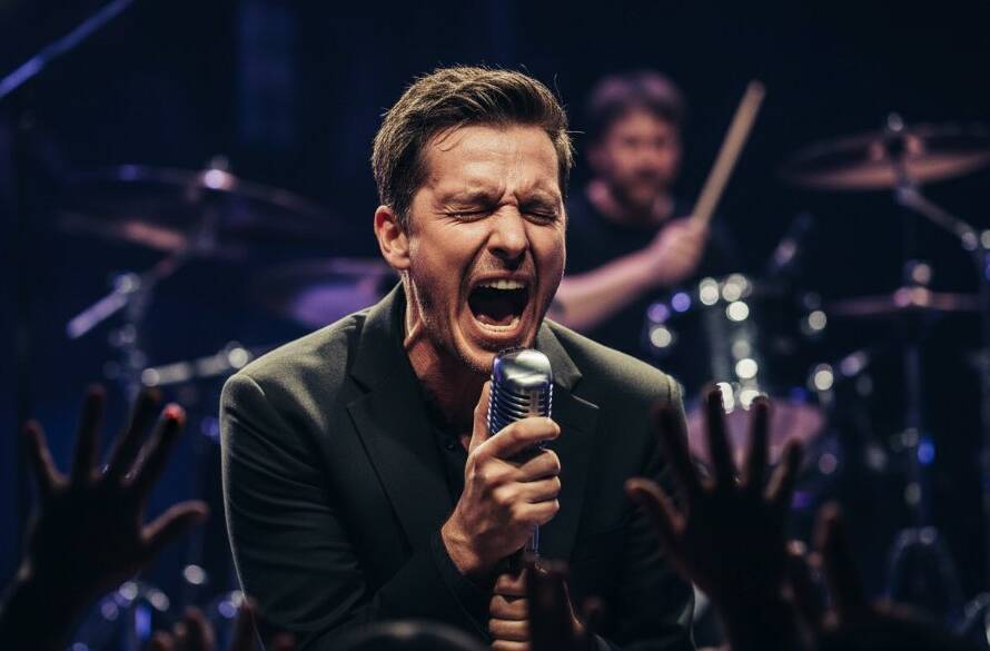 Dynamic shot of a guitarist on stage, silhouetted against vibrant stage lights, capturing the vibrant live music photography Altona Meadows experience with dramatic flair and raw energy.