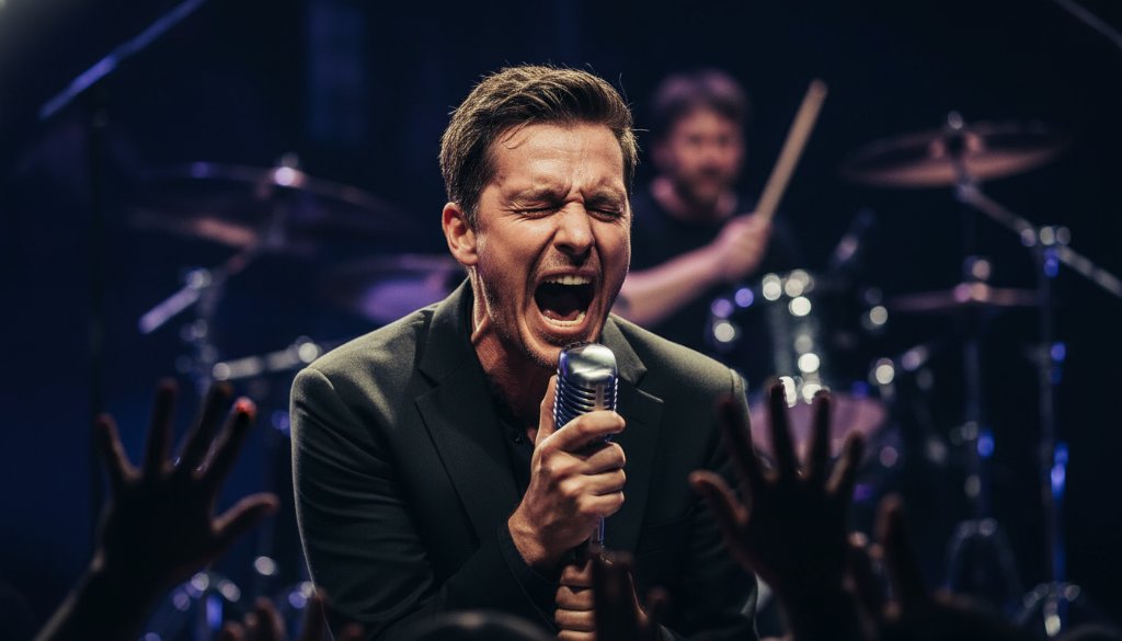 Dynamic shot of a guitarist on stage, silhouetted against vibrant stage lights, capturing the vibrant live music photography Altona Meadows experience with dramatic flair and raw energy.