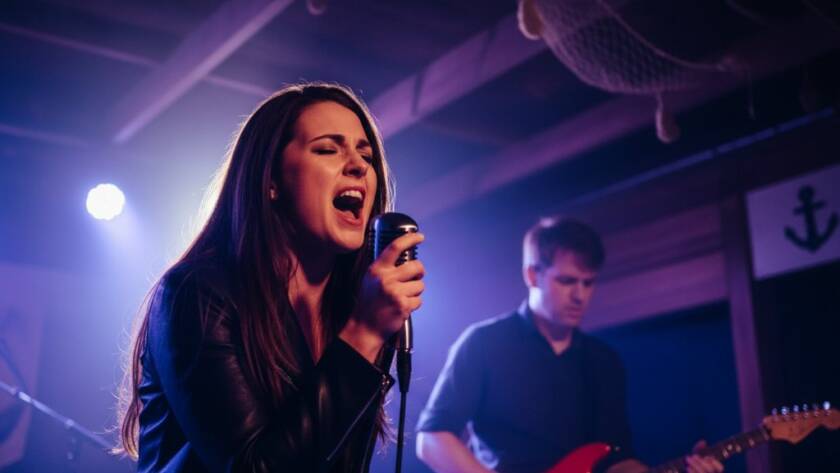 An epic moment of a lead singer performing with raw emotion on a stage illuminated by dramatic stage lights, capturing vibrant live music photography Aspendale coastal gigs energy, with a blurry, cheering crowd in the foreground and a hint of the coastal vibe in the backdrop, professionally colour graded.