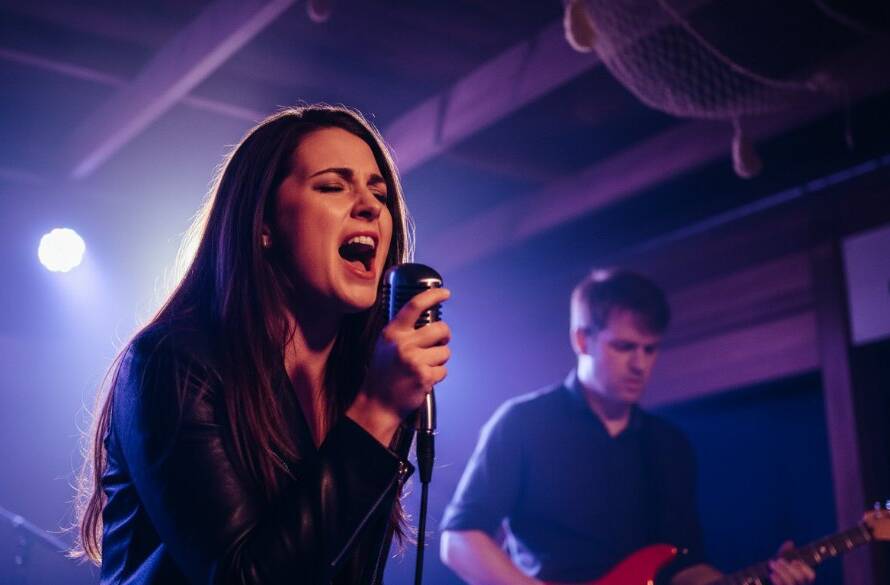 An epic moment of a lead singer performing with raw emotion on a stage illuminated by dramatic stage lights, capturing vibrant live music photography Aspendale coastal gigs energy, with a blurry, cheering crowd in the foreground and a hint of the coastal vibe in the backdrop, professionally colour graded.