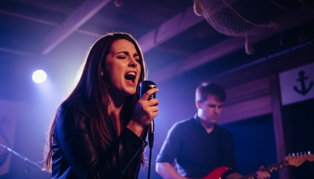 An epic moment of a lead singer performing with raw emotion on a stage illuminated by dramatic stage lights, capturing vibrant live music photography Aspendale coastal gigs energy, with a blurry, cheering crowd in the foreground and a hint of the coastal vibe in the backdrop, professionally colour graded.