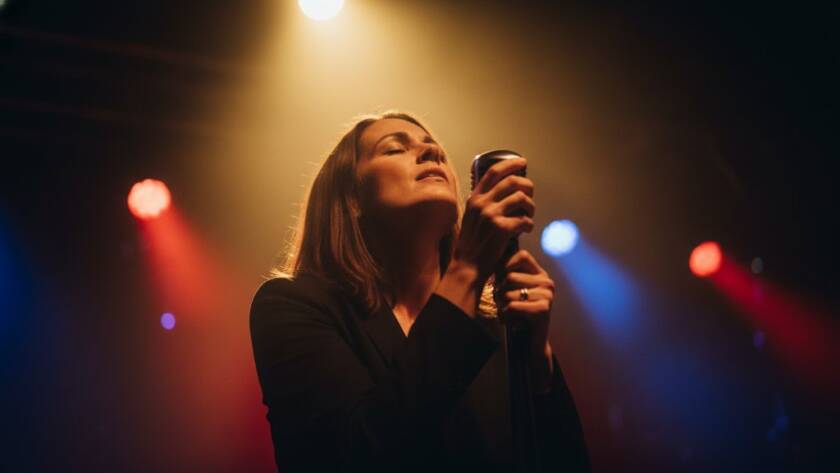 An electrifying close-up of a lead guitarist mid-shred under dramatic purple and blue stage lights, capturing vibrant live music photography Botanic Ridge with intense focus and dynamic energy, bathed in atmospheric fog, reflecting the raw passion of an epic concert moment.