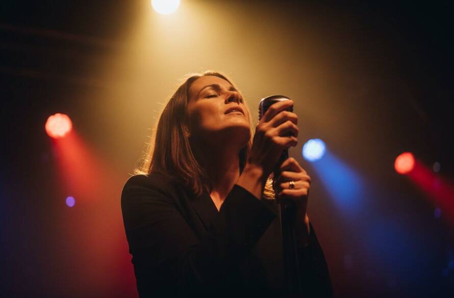 An electrifying close-up of a lead guitarist mid-shred under dramatic purple and blue stage lights, capturing vibrant live music photography Botanic Ridge with intense focus and dynamic energy, bathed in atmospheric fog, reflecting the raw passion of an epic concert moment.