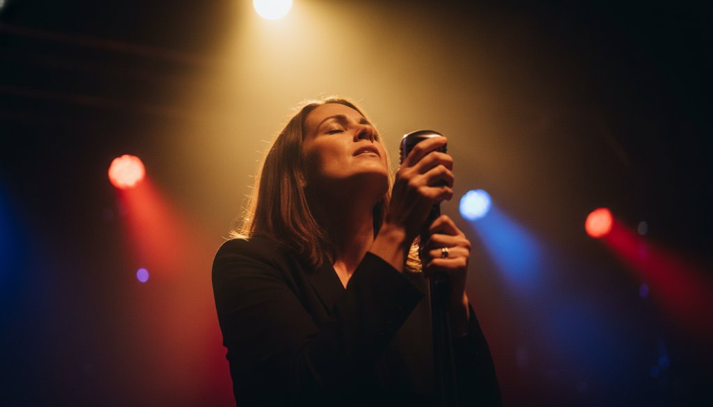 An electrifying close-up of a lead guitarist mid-shred under dramatic purple and blue stage lights, capturing vibrant live music photography Botanic Ridge with intense focus and dynamic energy, bathed in atmospheric fog, reflecting the raw passion of an epic concert moment.
