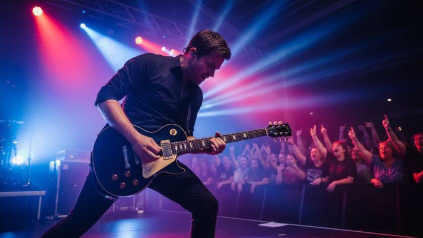 A dynamic, wide-angle shot of a lead guitarist mid-shred, bathed in dramatic stage lighting, capturing the vibrant live music photography Huntingdale Victoria experience with a cheering crowd blurred in the background, conveying intense energy and emotion.