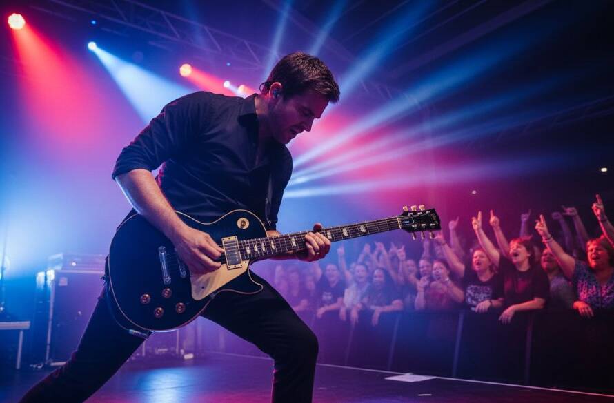 A dynamic, wide-angle shot of a lead guitarist mid-shred, bathed in dramatic stage lighting, capturing the vibrant live music photography Huntingdale Victoria experience with a cheering crowd blurred in the background, conveying intense energy and emotion.