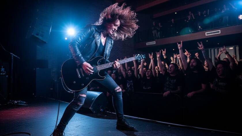 A dramatic, wide-angle shot of a lead guitarist mid-jump on stage, illuminated by vibrant stage lights, capturing the intense energy of a band at a Rowville venue, exemplifying vibrant live music photography Rowville.