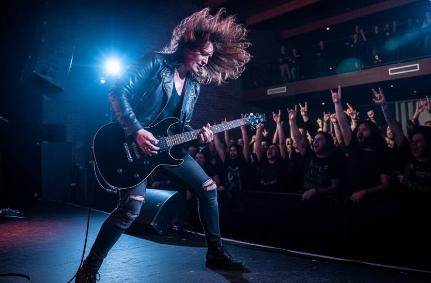 A dramatic, wide-angle shot of a lead guitarist mid-jump on stage, illuminated by vibrant stage lights, capturing the intense energy of a band at a Rowville venue, exemplifying vibrant live music photography Rowville.