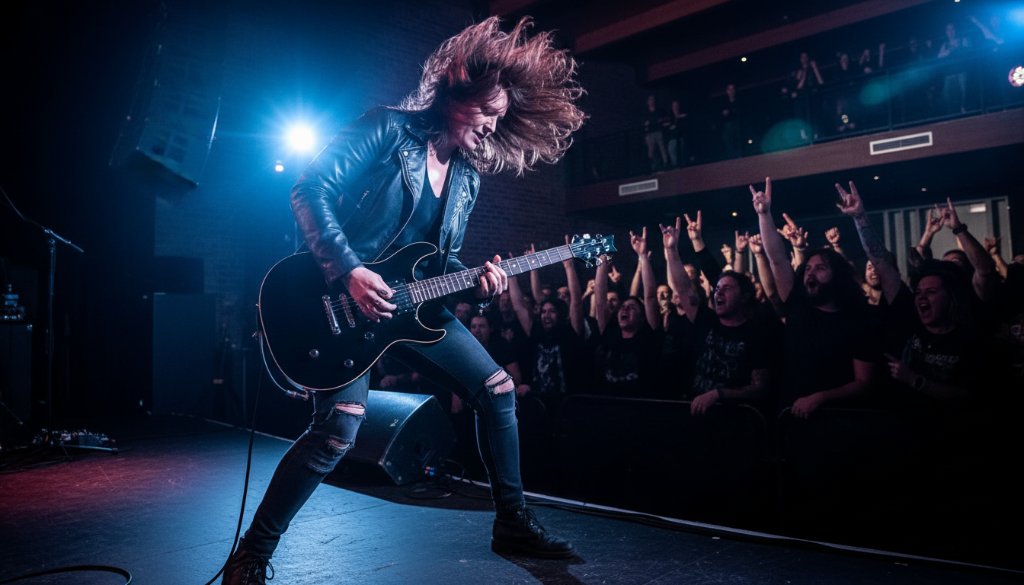 A dramatic, wide-angle shot of a lead guitarist mid-jump on stage, illuminated by vibrant stage lights, capturing the intense energy of a band at a Rowville venue, exemplifying vibrant live music photography Rowville.