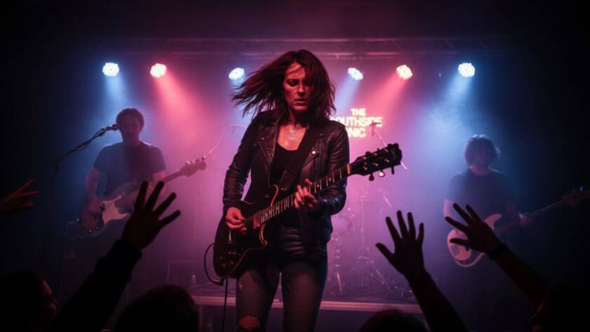 Dynamic wide shot of a lead guitarist mid-solo under dramatic stage lights, capturing vibrant live music photography in Vermont South with a passionate crowd silhouetted in the foreground, showcasing an epic concert moment.