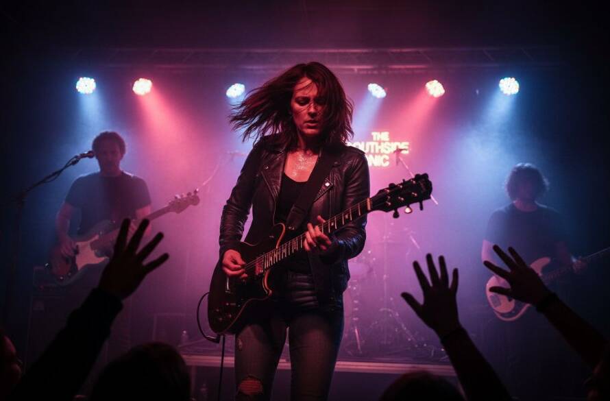 Dynamic wide shot of a lead guitarist mid-solo under dramatic stage lights, capturing vibrant live music photography in Vermont South with a passionate crowd silhouetted in the foreground, showcasing an epic concert moment.