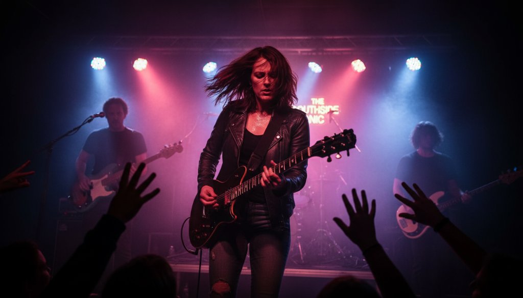 Dynamic wide shot of a lead guitarist mid-solo under dramatic stage lights, capturing vibrant live music photography in Vermont South with a passionate crowd silhouetted in the foreground, showcasing an epic concert moment.