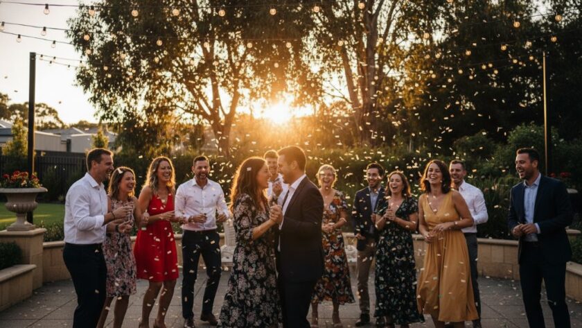 An emotionally vibrant photograph capturing an epic moment at a Lucas Victoria party, with guests laughing and dancing under string lights, professionally lit and color-graded, showcasing the genuine joy of vibrant Lucas Victoria party photography for milestone events.