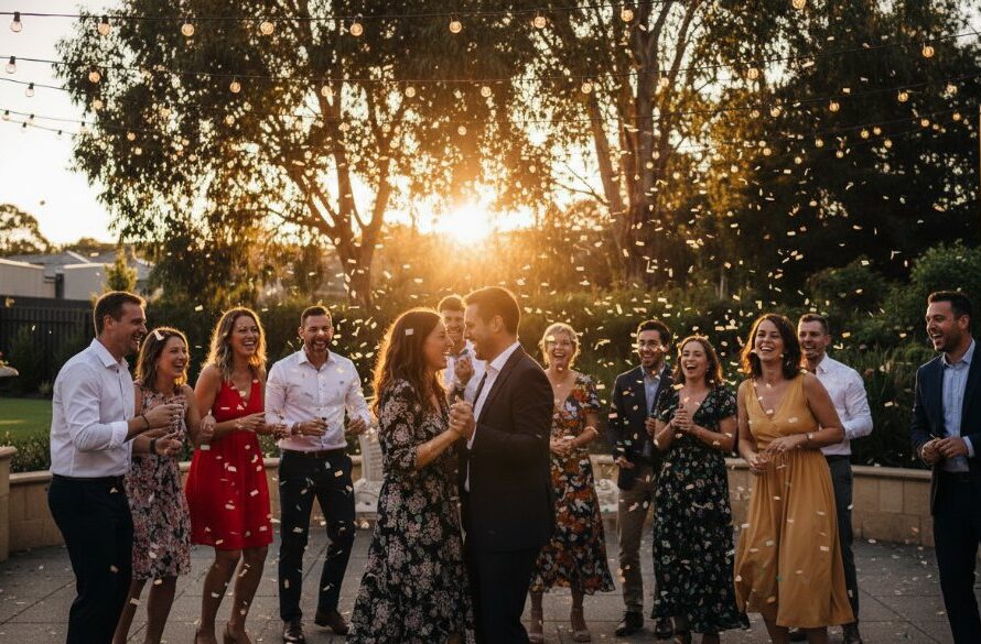 An emotionally vibrant photograph capturing an epic moment at a Lucas Victoria party, with guests laughing and dancing under string lights, professionally lit and color-graded, showcasing the genuine joy of vibrant Lucas Victoria party photography for milestone events.