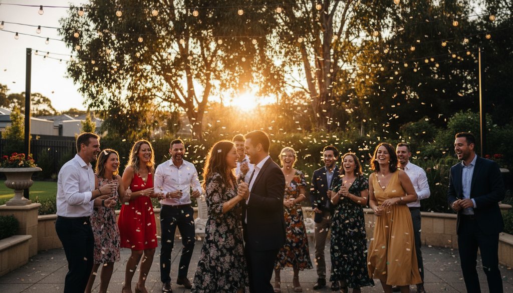 An emotionally vibrant photograph capturing an epic moment at a Lucas Victoria party, with guests laughing and dancing under string lights, professionally lit and color-graded, showcasing the genuine joy of vibrant Lucas Victoria party photography for milestone events.