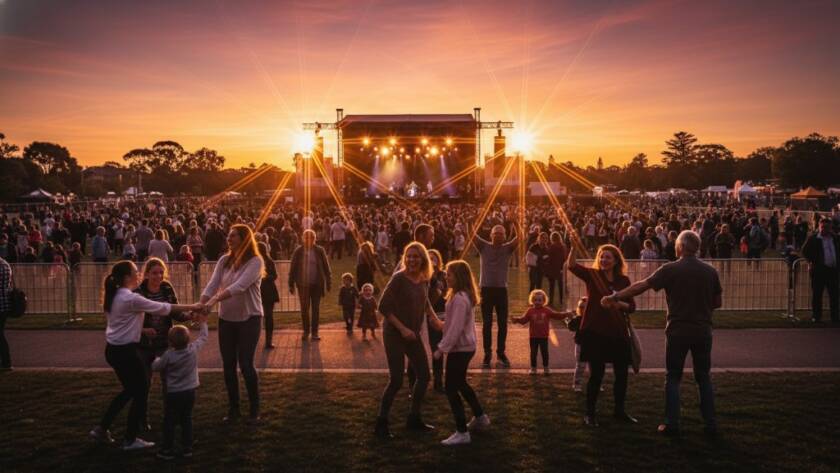 A wide-angle, vibrant image of a joyful crowd celebrating at a twilight community festival in Lyndhurst, Victoria, featuring the exact focus keyphrase Vibrant Lyndhurst Community Event Photography Victoria, with professional lighting highlighting a band on stage and happy faces in the foreground.