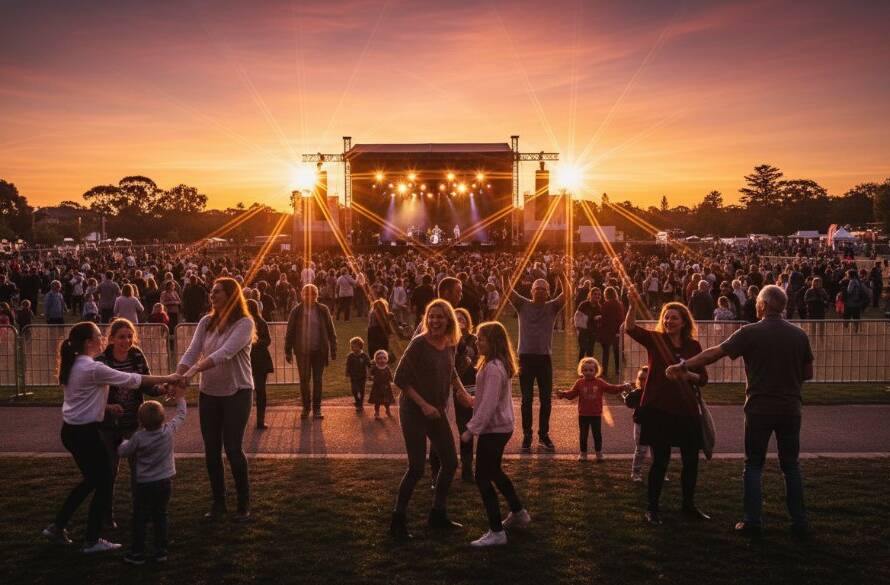 A wide-angle, vibrant image of a joyful crowd celebrating at a twilight community festival in Lyndhurst, Victoria, featuring the exact focus keyphrase Vibrant Lyndhurst Community Event Photography Victoria, with professional lighting highlighting a band on stage and happy faces in the foreground.