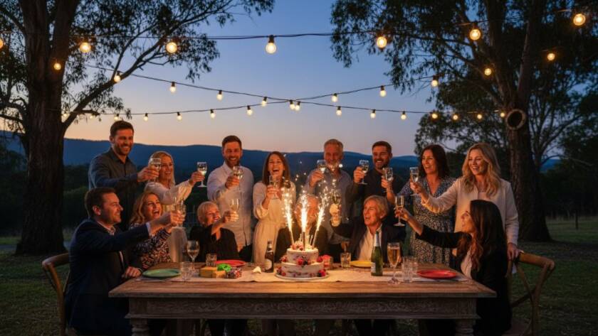 An energetic, wide-angle shot capturing the peak of a vibrant Lysterfield birthday party photography celebration at sunset, with guests laughing and dancing under string lights, a grand cake visible in the foreground, showing joyful expressions and dynamic movement.