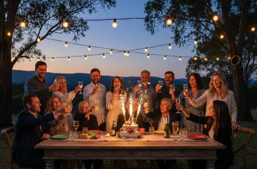 An energetic, wide-angle shot capturing the peak of a vibrant Lysterfield birthday party photography celebration at sunset, with guests laughing and dancing under string lights, a grand cake visible in the foreground, showing joyful expressions and dynamic movement.