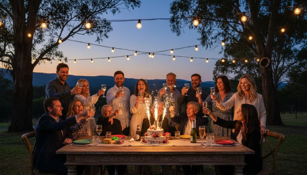 An energetic, wide-angle shot capturing the peak of a vibrant Lysterfield birthday party photography celebration at sunset, with guests laughing and dancing under string lights, a grand cake visible in the foreground, showing joyful expressions and dynamic movement.