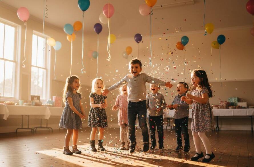 A wide-angle, dramatic shot of children laughing and playing under colourful streamers at a vibrant McKinnon kids birthday photography event, capturing a candid, joyful moment with professional, warm lighting.
