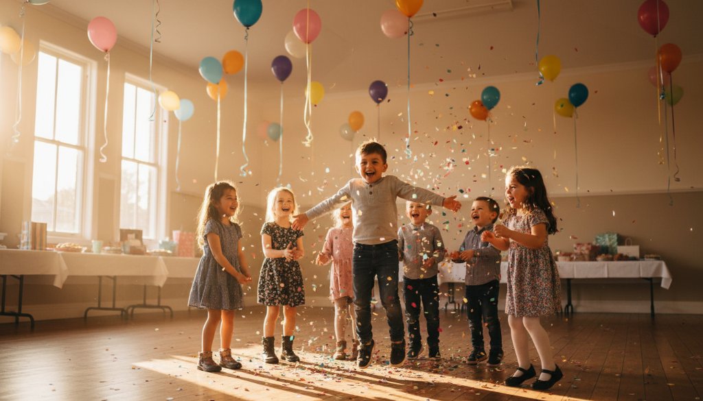 A wide-angle, dramatic shot of children laughing and playing under colourful streamers at a vibrant McKinnon kids birthday photography event, capturing a candid, joyful moment with professional, warm lighting.